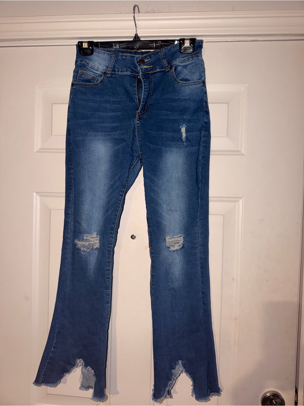 Mid-Rise Distressed Blue Flare Jeans with Frayed Hem